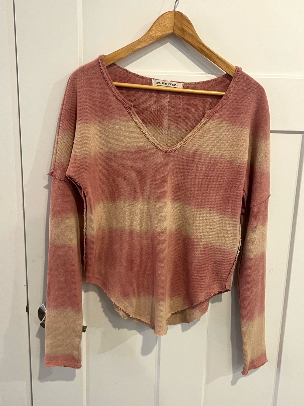 Woman’s small Free People Pink & Cream Striped V-Neck Long-Sleeve Top